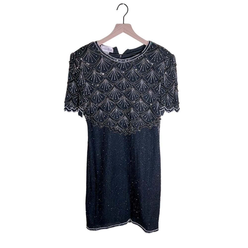 VNTG LAURENCE KAZAR Black silk beaded whimsigoth midi dress XL